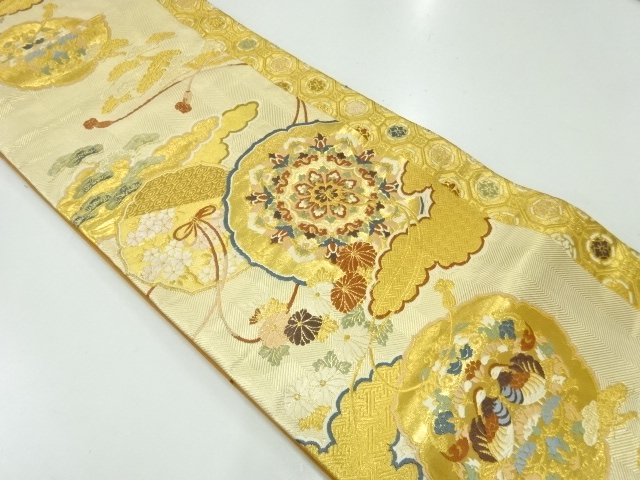 JAPANESE KIMONO / VINTAGE FUKURO OBI / WOVEN CLOUD & BIRD